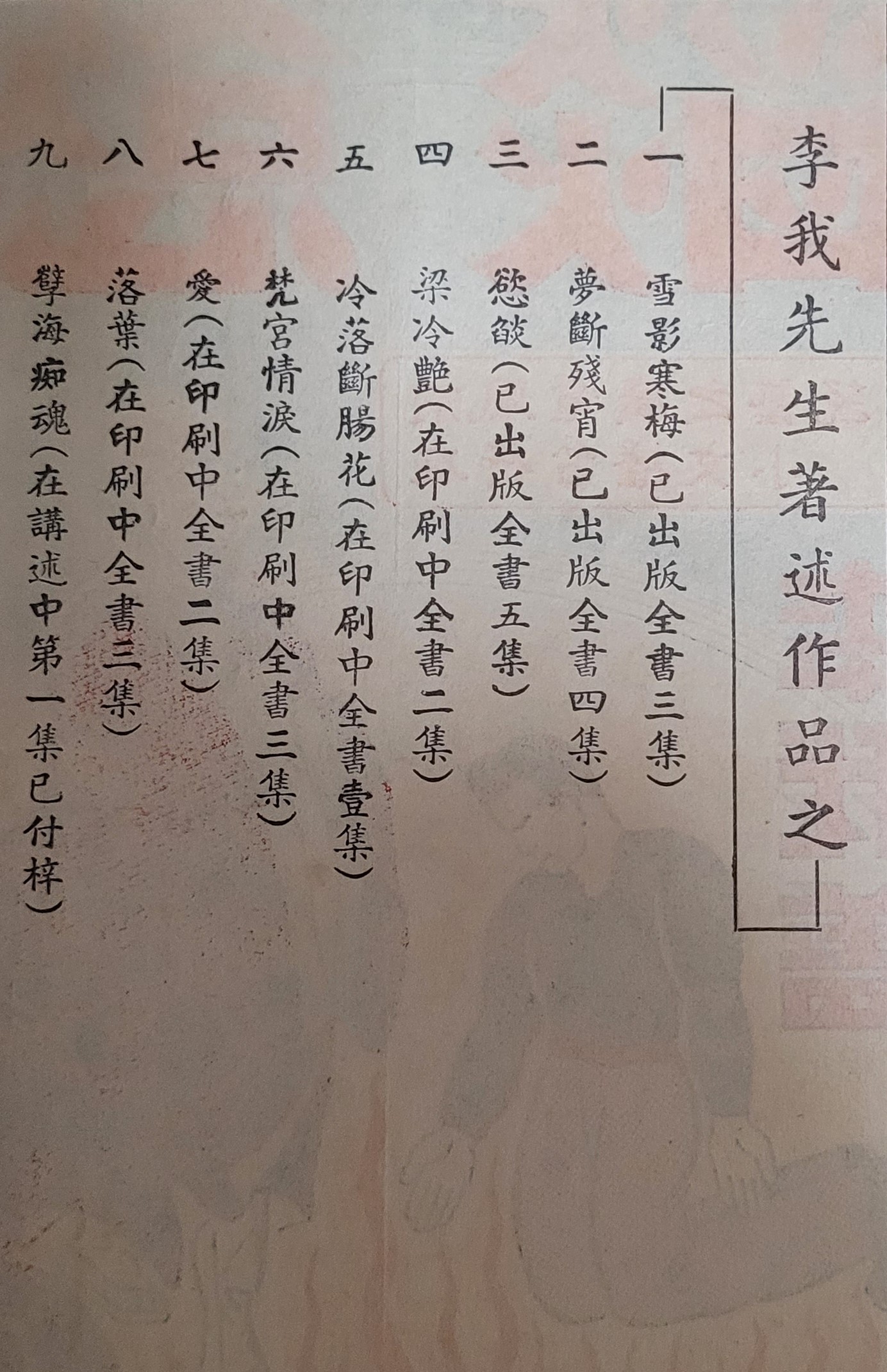 ​​​​​​​《慾熖》第5集內頁顯示當時李我廣播小說的著作名單。