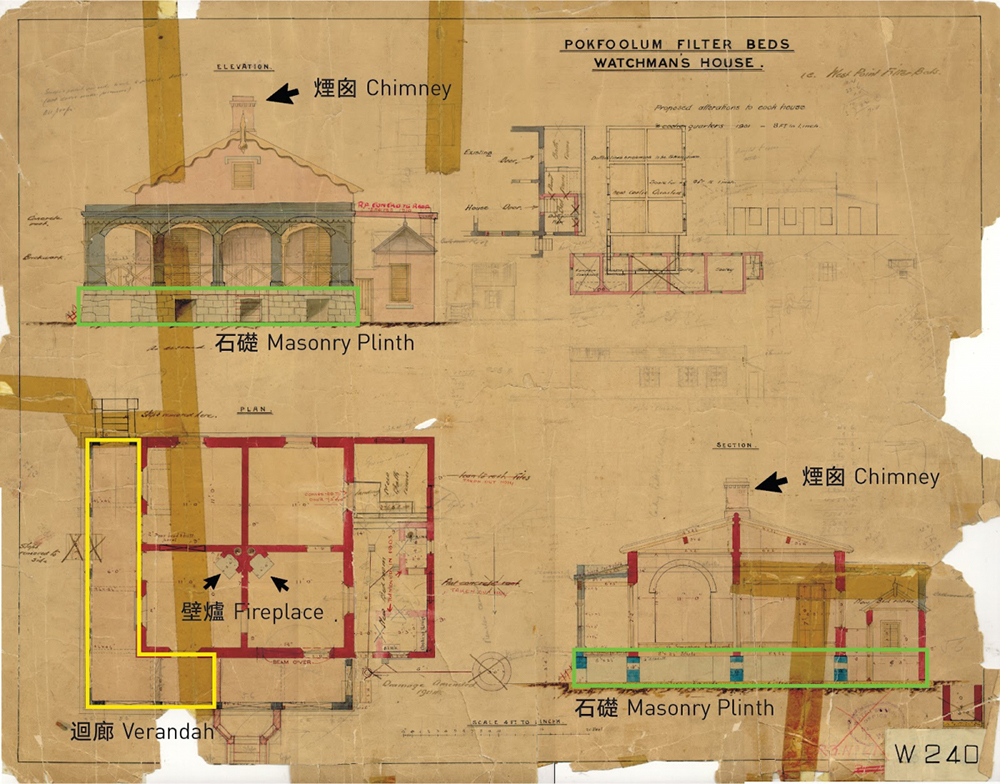 平房特色包括整棟建築以石礎升高（綠色）及於屋外設迴廊（黃色），以隔絕地上濕氣、遮蔭和降溫。（圖片來源：龍虎山環境教育中心網站）